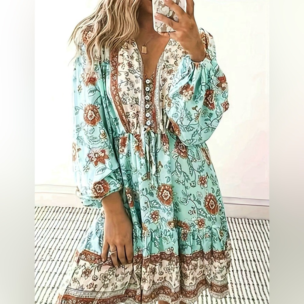 Green Ruffled Tiered Sundress with Plunge Neckline